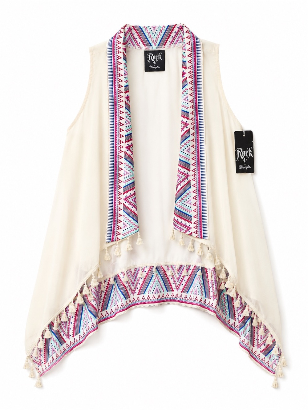 NWT Rock 47 by Wrangler Aztec Tassel Open Front Sheer Kimono Vest Small